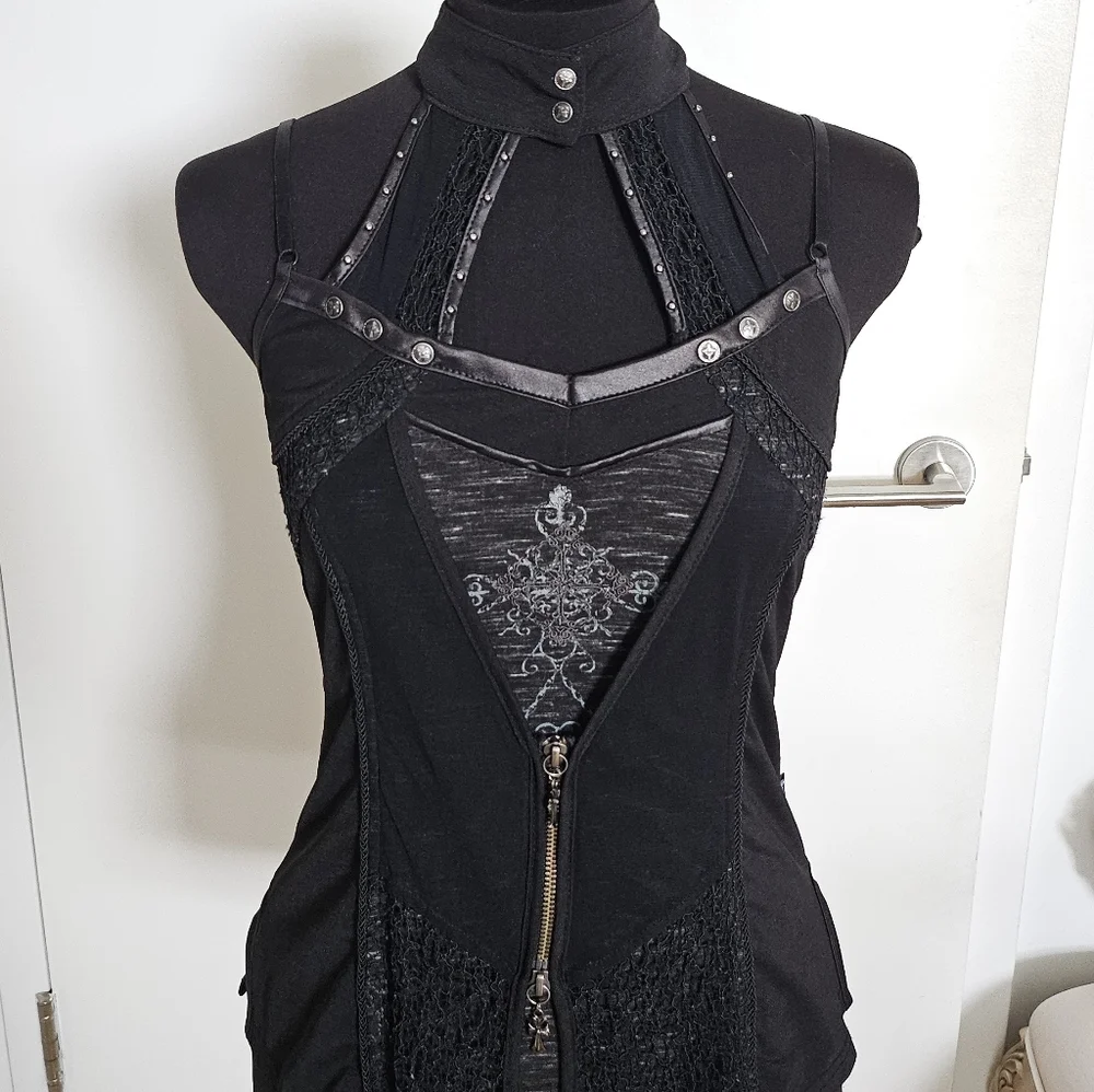 Ozzon Japan Ozz Croce Black Gothic High Neck Layered Top Silver Crosses And Lace - Picture 2 of 11